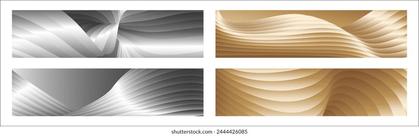 Wavy silver and gold parallel gradient lines, ribbons, silk. Set of 4 backgrounds. Black and white with shades of gray or golden silk. Banner, poster. eps vector