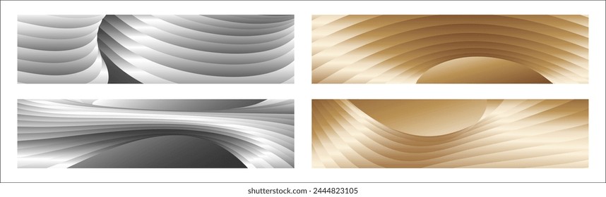 Wavy silver and gold parallel gradient lines, ribbons, silk. Set of 4 backgrounds. Black and white with shades of gray or golden silk. Banner, poster. eps vector