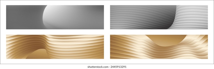 Wavy silver and gold parallel gradient lines, ribbons, silk. Set of 4 backgrounds. Black and white with shades of gray or golden silk. Banner, poster. eps vector