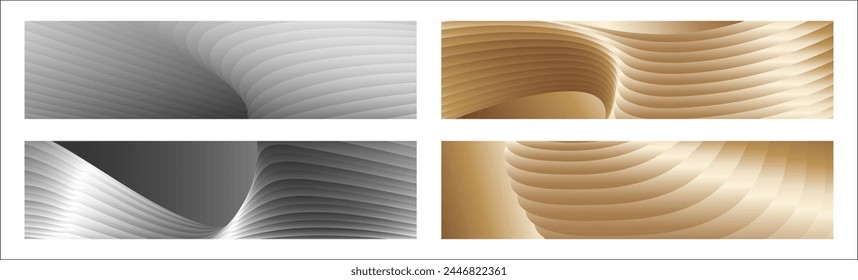 Wavy silver and gold parallel gradient lines, ribbons, silk. Set of 4 backgrounds. Black and white with shades of gray or golden silk. Banner, poster. eps vector