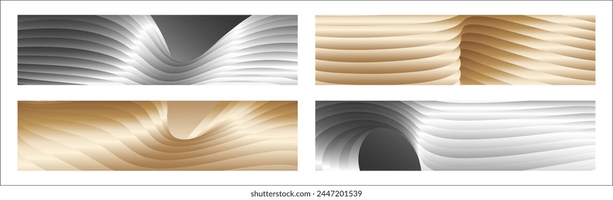 Wavy silver and gold parallel gradient lines, ribbons, silk. Set of 4 backgrounds. Black and white with shades of gray or golden silk. Banner, poster. eps vector