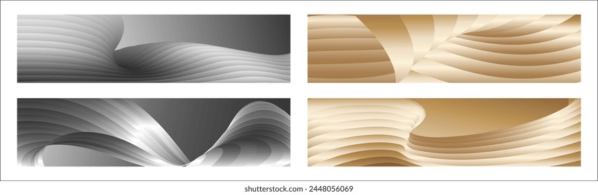 Wavy silver and gold parallel gradient lines, ribbons, silk. Set of 4 backgrounds. Black and white with shades of gray or golden silk. Banner, poster. eps vector