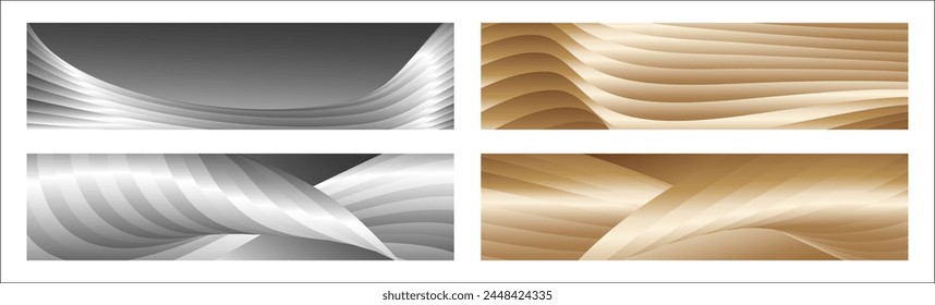 Wavy silver and gold parallel gradient lines, ribbons, silk. Set of 4 backgrounds. Black and white with shades of gray or golden silk. Banner, poster. eps vector