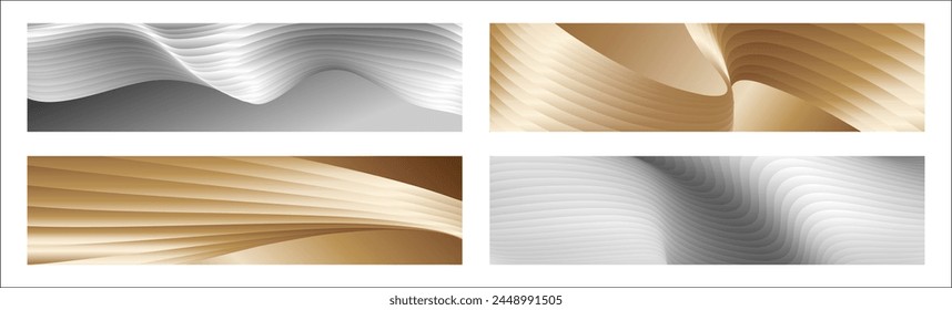 Wavy silver and gold parallel gradient lines, ribbons, silk. Set of 4 backgrounds. Black and white with shades of gray or golden silk. Banner, poster. eps vector