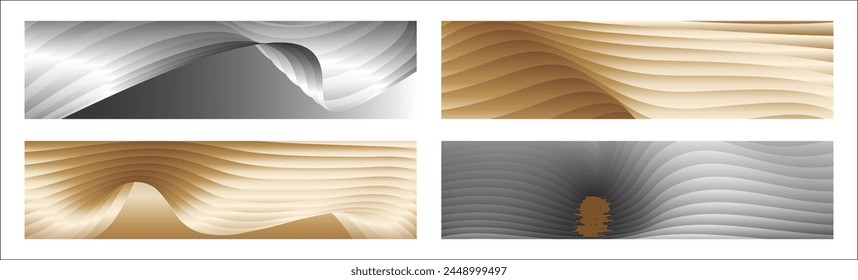 Wavy silver and gold parallel gradient lines, ribbons, silk. Set of 4 backgrounds. Black and white with shades of gray or golden silk. Banner, poster. eps vector