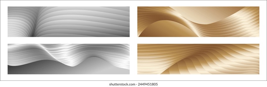 Wavy silver and gold parallel gradient lines, ribbons, silk. Set of 4 backgrounds. Black and white with shades of gray or golden silk. Banner, poster. eps vector