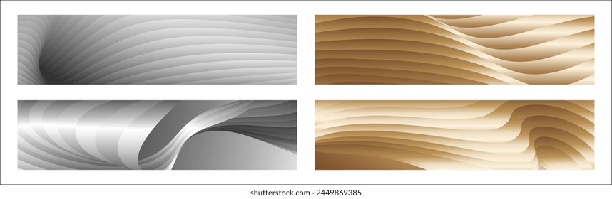 Wavy silver and gold parallel gradient lines, ribbons, silk. Set of 4 backgrounds. Black and white with shades of gray or golden silk. Banner, poster. eps vector