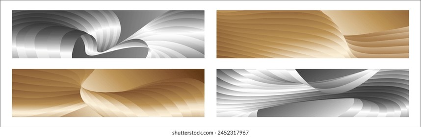 Wavy silver and gold parallel gradient lines, ribbons, silk. Set of 4 backgrounds. Black and white with shades of gray or golden silk. Banner, poster. eps vector