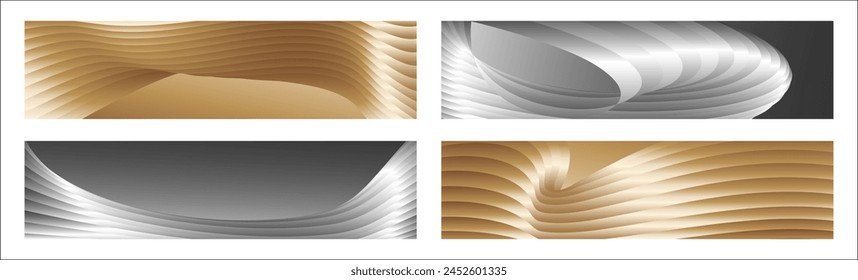 Wavy silver and gold parallel gradient lines, ribbons, silk. Set of 4 backgrounds. Black and white with shades of gray or golden silk. Banner, poster. eps vector