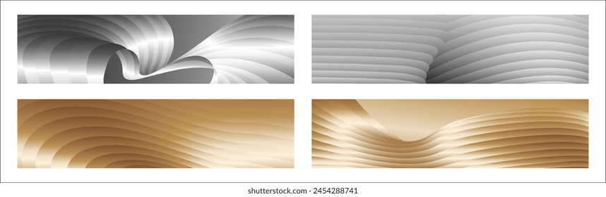 Wavy silver and gold parallel gradient lines, ribbons, silk. Set of 4 backgrounds. Black and white with shades of gray or golden silk. Banner, poster. eps vector