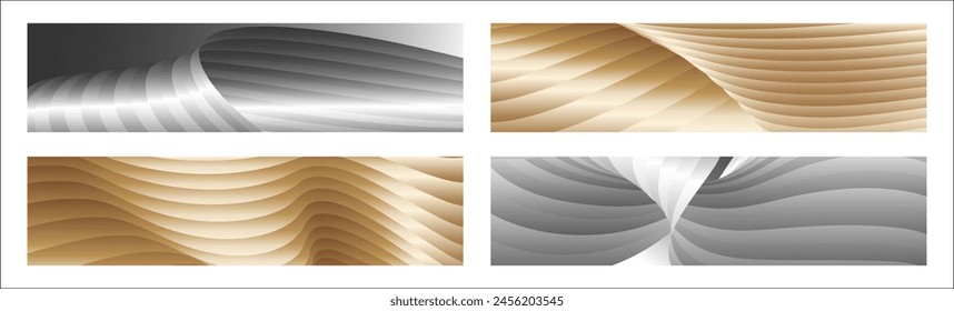 Wavy silver and gold parallel gradient lines, ribbons, silk. Set of 4 backgrounds. Black and white with shades of gray or golden silk. Banner, poster. eps vector