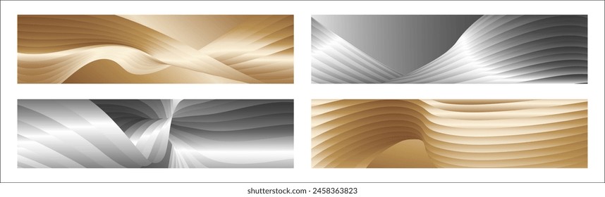 Wavy silver and gold parallel gradient lines, ribbons, silk. Set of 4 backgrounds. Black and white with shades of gray or golden silk. Banner, poster. eps vector