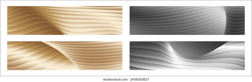 Wavy silver and gold parallel gradient lines, ribbons, silk. Set of 4 backgrounds. Black and white with shades of gray or golden silk. Banner, poster. eps vector