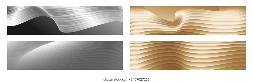 Wavy silver and gold parallel gradient lines, ribbons, silk. Set of 4 backgrounds. Black and white with shades of gray or golden silk. Banner, poster. eps vector