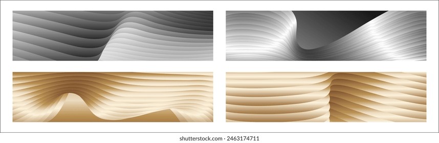 Wavy silver and gold parallel gradient lines, ribbons, silk. Set of 4 backgrounds. Black and white with shades of gray or golden silk. Banner, poster. eps vector