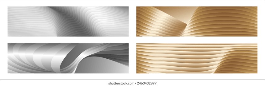 Wavy silver and gold parallel gradient lines, ribbons, silk. Set of 4 backgrounds. Black and white with shades of gray or golden silk. Banner, poster. eps vector