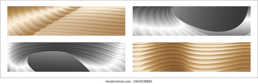 Wavy silver and gold parallel gradient lines, ribbons, silk. Set of 4 backgrounds. Black and white with shades of gray or golden silk. Banner, poster. eps vector