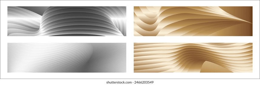 Wavy silver and gold parallel gradient lines, ribbons, silk. Set of 4 backgrounds. Black and white with shades of gray or golden silk. Banner, poster. eps vector