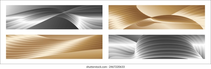 Wavy silver and gold parallel gradient lines, ribbons, silk. Set of 4 backgrounds. Black and white with shades of gray or golden silk. Banner, poster. eps vector