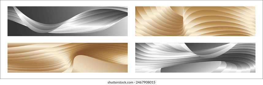 Wavy silver and gold parallel gradient lines, ribbons, silk. Set of 4 backgrounds. Black and white with shades of gray or golden silk. Banner, poster. eps vector