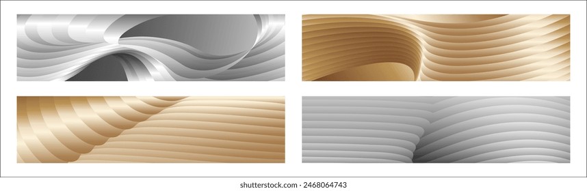 Wavy silver and gold parallel gradient lines, ribbons, silk. Set of 4 backgrounds. Black and white with shades of gray or golden silk. Banner, poster. eps vector