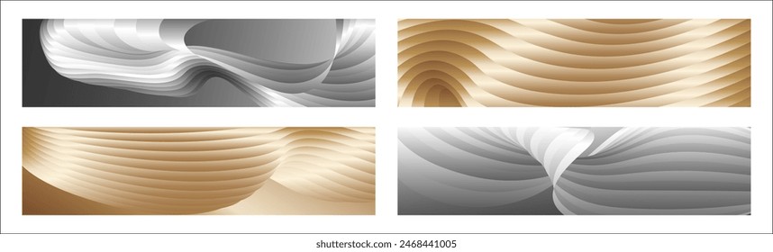 Wavy silver and gold parallel gradient lines, ribbons, silk. Set of 4 backgrounds. Black and white with shades of gray or golden silk. Banner, poster. eps vector