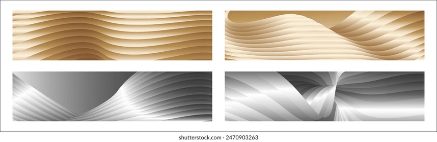 Wavy silver and gold parallel gradient lines, ribbons, silk. Set of 4 backgrounds. Black and white with shades of gray or golden silk. Banner, poster. eps vector