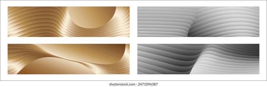 Wavy silver and gold parallel gradient lines, ribbons, silk. Set of 4 backgrounds. Black and white with shades of gray or golden silk. Banner, poster. eps vector