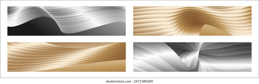 Wavy silver and gold parallel gradient lines, ribbons, silk. Set of 4 backgrounds. Black and white with shades of gray or golden silk. Banner, poster. eps vector