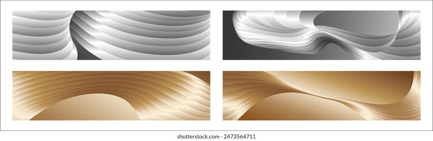 Wavy silver and gold parallel gradient lines, ribbons, silk. Set of 4 backgrounds. Black and white with shades of gray or golden silk. Banner, poster. eps vector