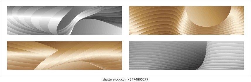 Wavy silver and gold parallel gradient lines, ribbons, silk. Set of 4 backgrounds. Black and white with shades of gray or golden silk. Banner, poster. eps vector