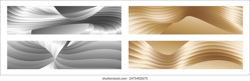 Wavy silver and gold parallel gradient lines, ribbons, silk. Set of 4 backgrounds. Black and white with shades of gray or golden silk. Banner, poster. eps vector