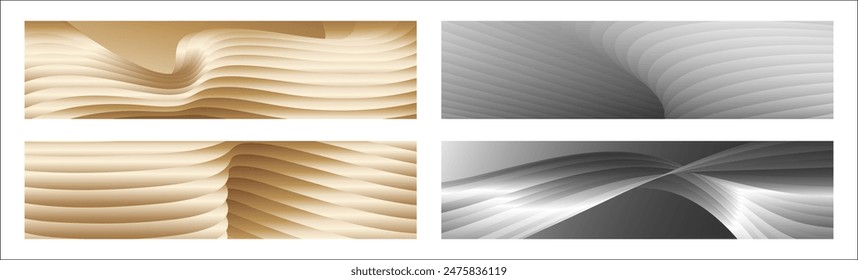 Wavy silver and gold parallel gradient lines, ribbons, silk. Set of 4 backgrounds. Black and white with shades of gray or golden silk. Banner, poster. eps vector