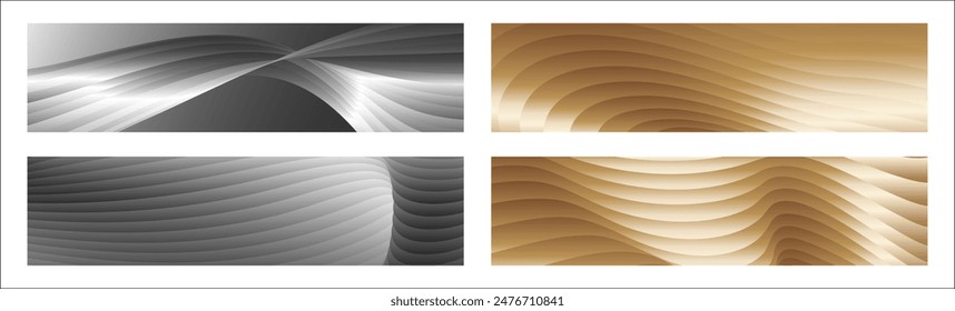 Wavy silver and gold parallel gradient lines, ribbons, silk. Set of 4 backgrounds. Black and white with shades of gray or golden silk. Banner, poster. eps vector