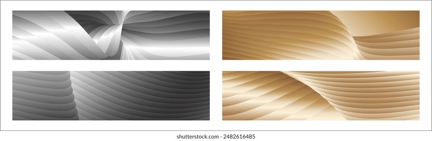 Wavy silver and gold parallel gradient lines, ribbons, silk. Set of 4 backgrounds. Black and white with shades of gray or golden silk. Banner, poster. eps vector