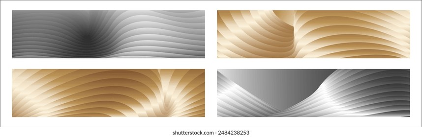 Wavy silver and gold parallel gradient lines, ribbons, silk. Set of 4 backgrounds. Black and white with shades of gray or golden silk. Banner, poster. eps vector