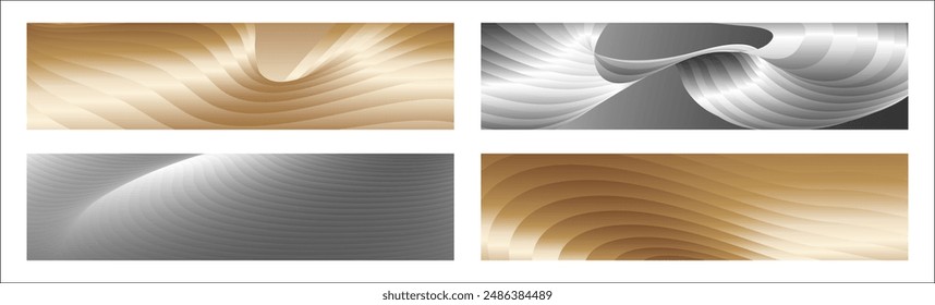 Wavy silver and gold parallel gradient lines, ribbons, silk. Set of 4 backgrounds. Black and white with shades of gray or golden silk. Banner, poster. eps vector