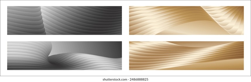 Wavy silver and gold parallel gradient lines, ribbons, silk. Set of 4 backgrounds. Black and white with shades of gray or golden silk. Banner, poster. eps vector