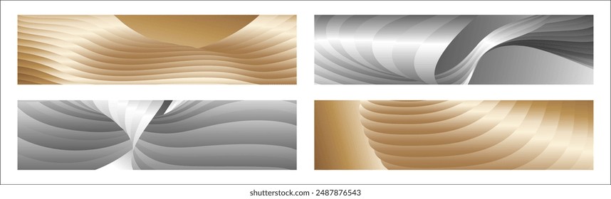 Wavy silver and gold parallel gradient lines, ribbons, silk. Set of 4 backgrounds. Black and white with shades of gray or golden silk. Banner, poster. eps vector