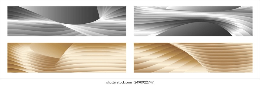 Wavy silver and gold parallel gradient lines, ribbons, silk. Set of 4 backgrounds. Black and white with shades of gray or golden silk. Banner, poster. eps vector