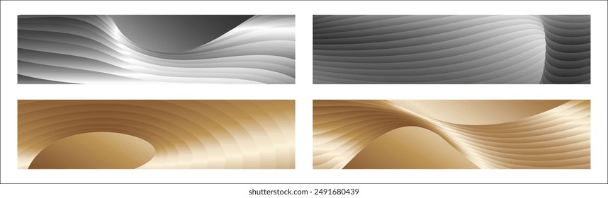 Wavy silver and gold parallel gradient lines, ribbons, silk. Set of 4 backgrounds. Black and white with shades of gray or golden silk. Banner, poster. eps vector
