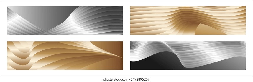 Wavy silver and gold parallel gradient lines, ribbons, silk. Set of 4 backgrounds. Black and white with shades of gray or golden silk. Banner, poster. eps vector