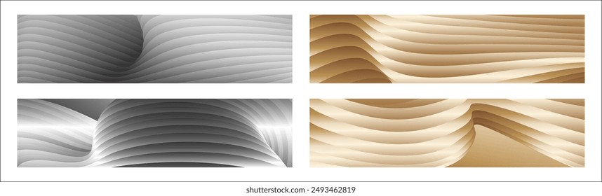Wavy silver and gold parallel gradient lines, ribbons, silk. Set of 4 backgrounds. Black and white with shades of gray or golden silk. Banner, poster. eps vector
