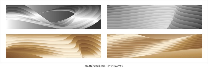 Wavy silver and gold parallel gradient lines, ribbons, silk. Set of 4 backgrounds. Black and white with shades of gray or golden silk. Banner, poster. eps vector