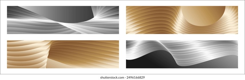 Wavy silver and gold parallel gradient lines, ribbons, silk. Set of 4 backgrounds. Black and white with shades of gray or golden silk. Banner, poster. eps vector