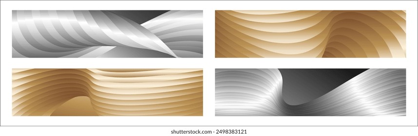 Wavy silver and gold parallel gradient lines, ribbons, silk. Set of 4 backgrounds. Black and white with shades of gray or golden silk. Banner, poster. eps vector