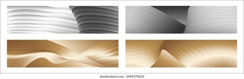 Wavy silver and gold parallel gradient lines, ribbons, silk. Set of 4 backgrounds. Black and white with shades of gray or golden silk. Banner, poster. eps vector
