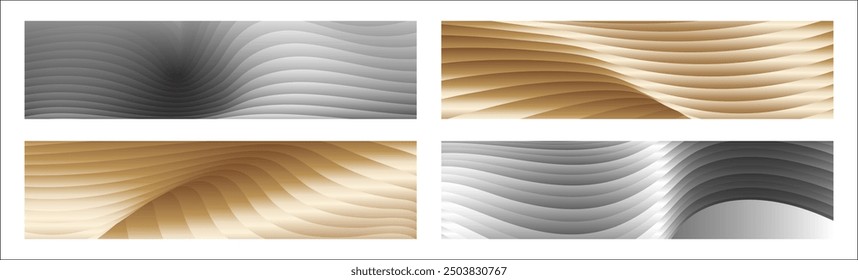 Wavy silver and gold parallel gradient lines, ribbons, silk. Set of 4 backgrounds. Black and white with shades of gray or golden silk. Banner, poster. eps vector