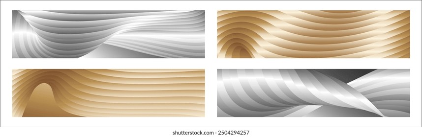 Wavy silver and gold parallel gradient lines, ribbons, silk. Set of 4 backgrounds. Black and white with shades of gray or golden silk. Banner, poster. eps vector
