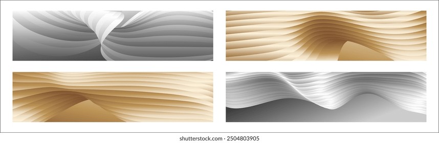 Wavy silver and gold parallel gradient lines, ribbons, silk. Set of 4 backgrounds. Black and white with shades of gray or golden silk. Banner, poster. eps vector